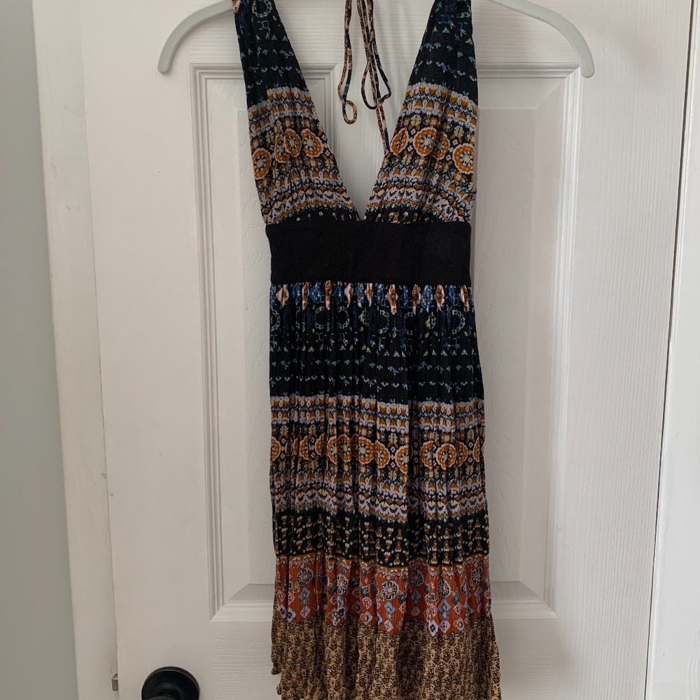 Patterned Mini Dress with Deep V-Neck